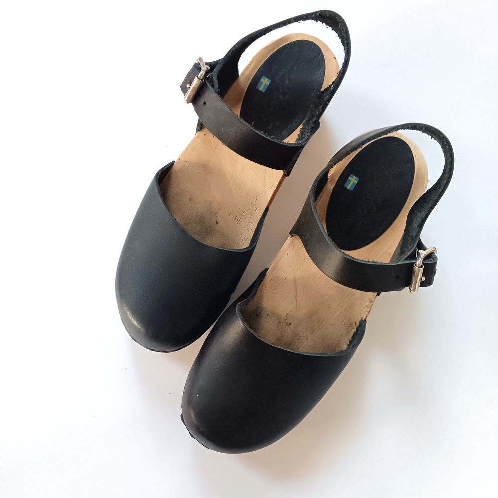 Lotta's Lotta From Stockholm Low Wood Black Leather Swedish Wooden Clogs Size 38 - Picture 3 of 9